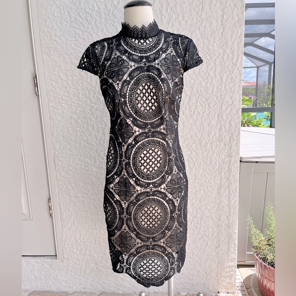 Bisou Bisou Dresses & Skirts - Bisou Bisou Black Lace Dress w/ Nude Lining- Witchy Goth Celestial Punk Dark